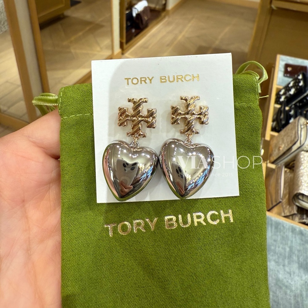Tory Burch Heart Charm Drop Earrings Logo Valentine’s Day Edition
